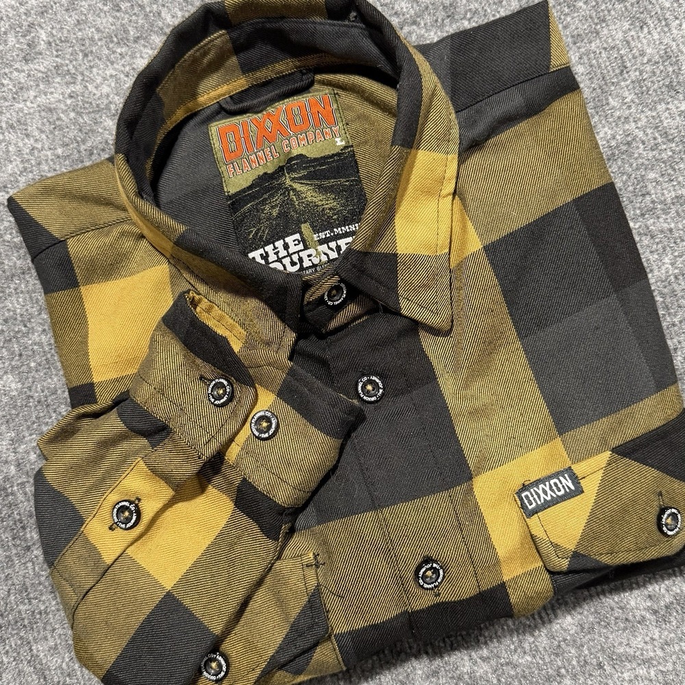 Dixxon Flannel Co THE JOURNEY Mens Large Button Down Shirt Yellow Black Plaid